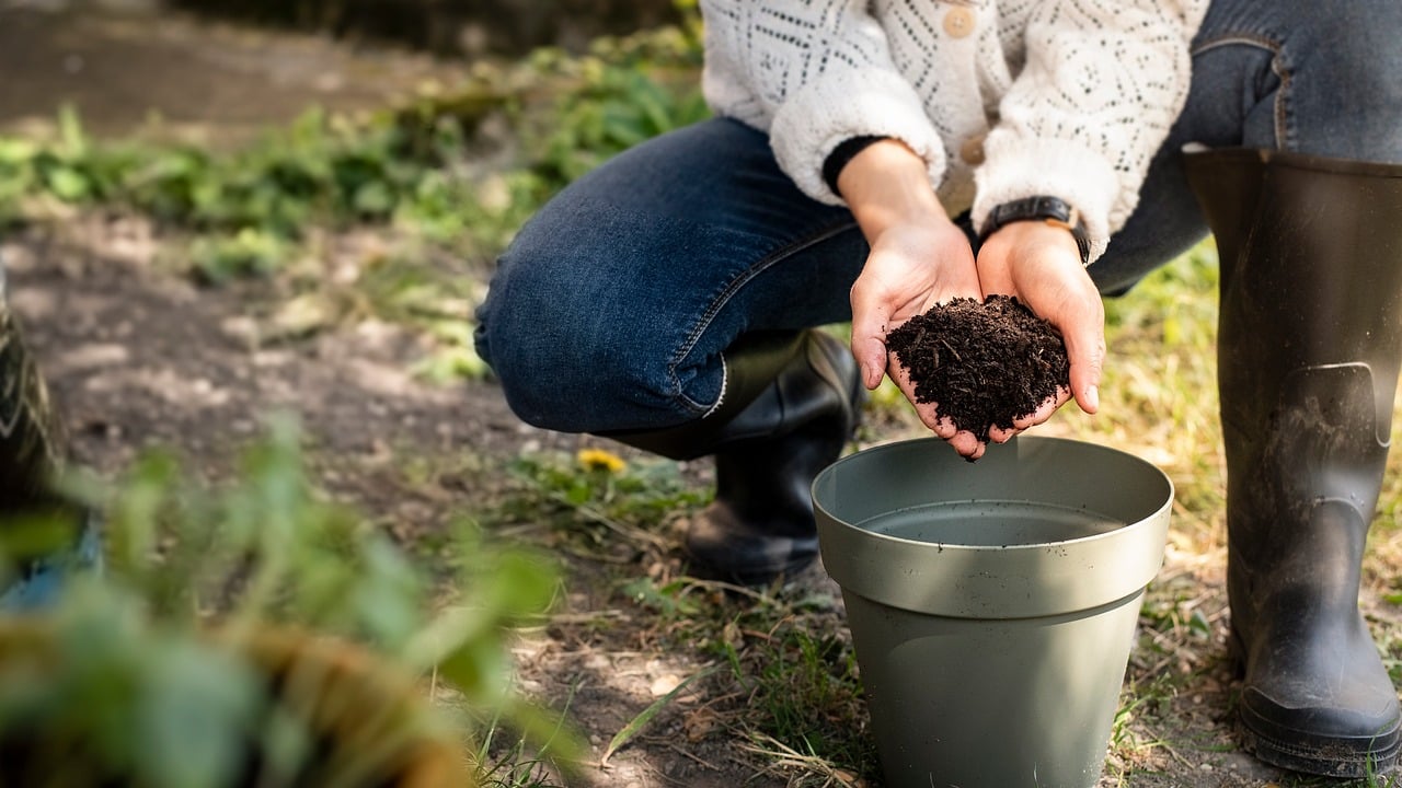 Un sacchetto di caffè macinato accanto a piante fiorite sul tavolo da giardino.