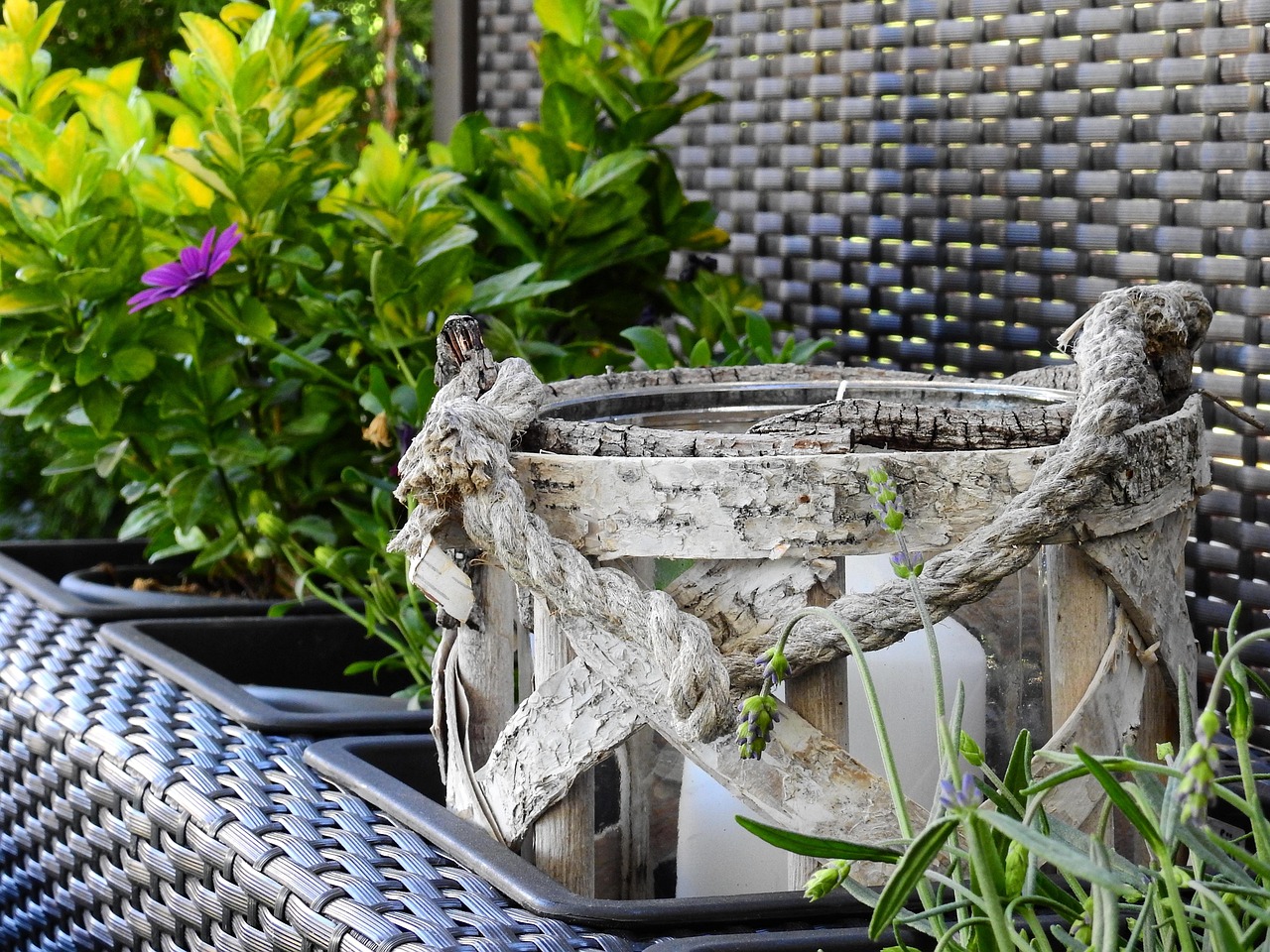 Terrazza decorata con piante, illuminazione e arredi creativi a basso costo.