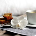 Orchidee in vaso con terriccio arricchito da fondi di caffè, evidenziando il legame tra caffè e fioritura.