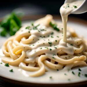 Spaghetti con crema di parmigiano, piatto gustoso e cremoso, decorato con scaglie di formaggio.